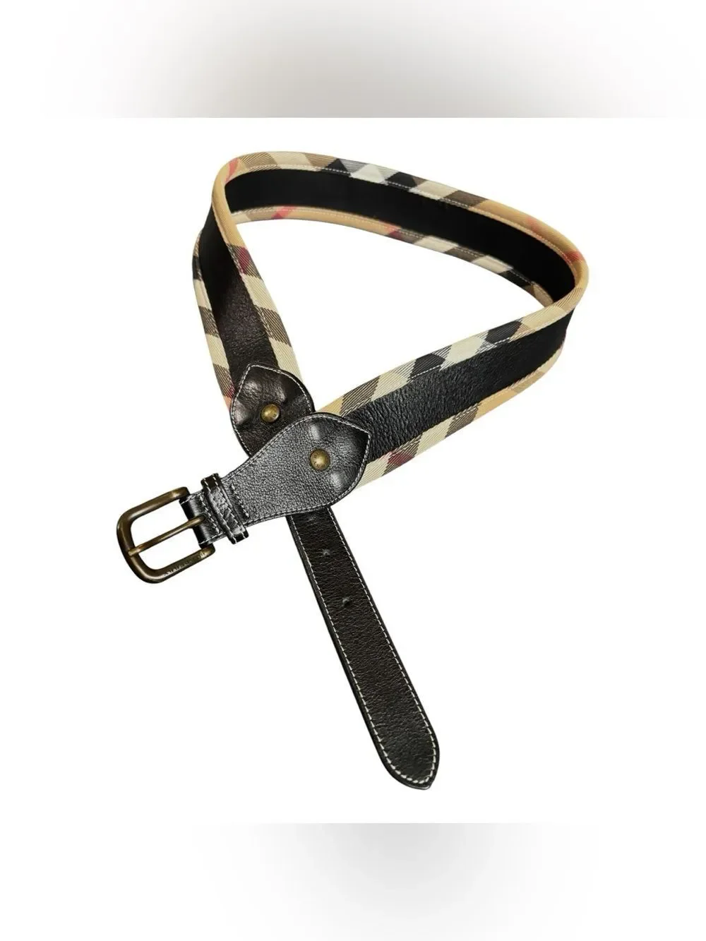 Burberry Black Leather Belt with Signature Beige Check Accent